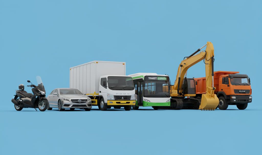 Ilustrasi jenis kendaraan yang dapat dipasangi GPS Tracker: motor, mobil, truk box, bus, ekskavator, dan dump truck