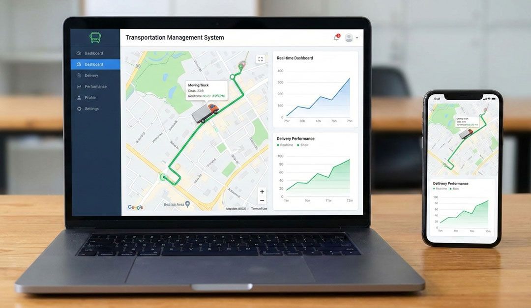 Ilustrasi dashboard sistem manajemen transportasi dengan peta rute truk dan grafik performa pengiriman di laptop dan ponsel